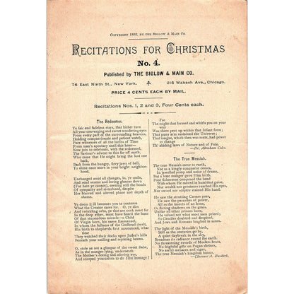 1893 Recitations for Christmas No. 4 Booklet Biglow & Main Co New York V5