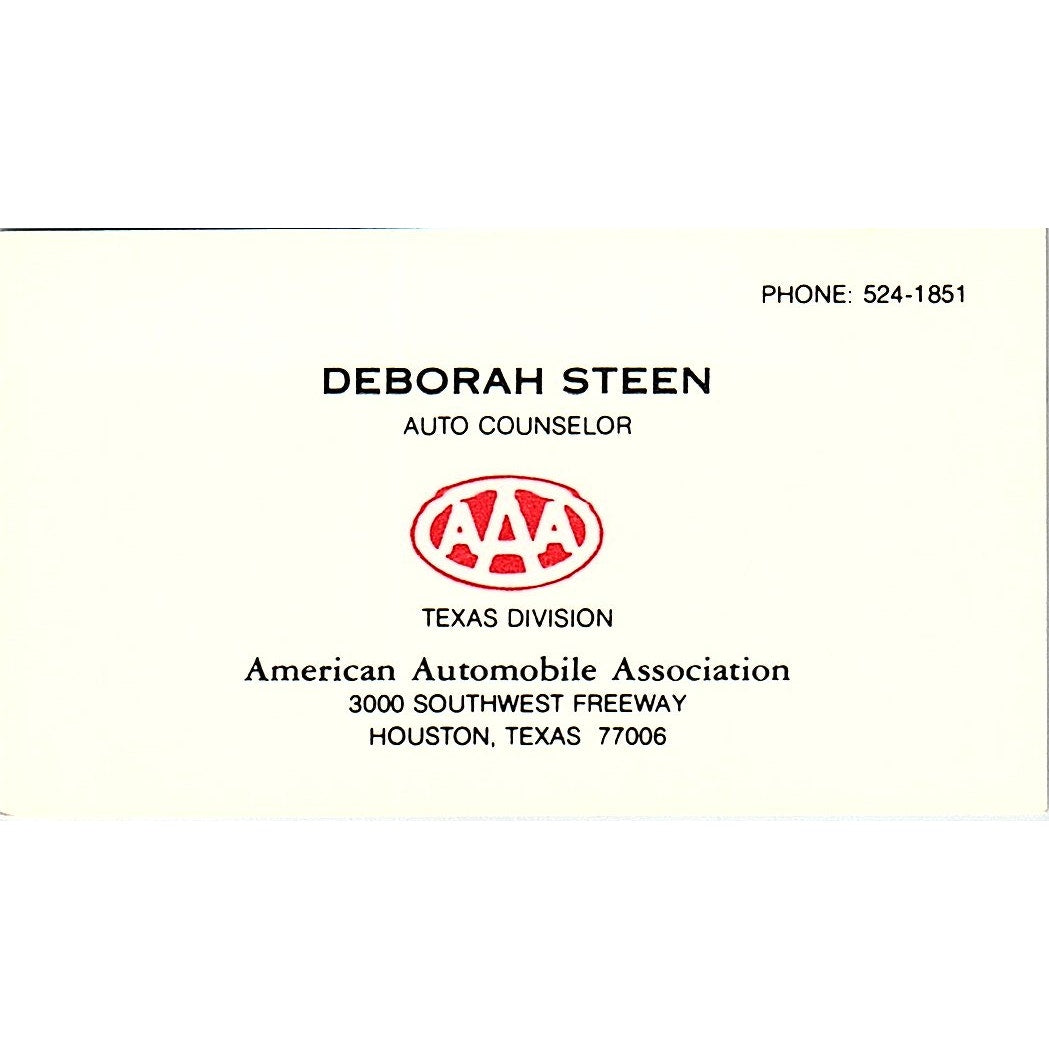 Deborah Steen AAA Auto Counselor Houston Vintage Business Card SE3-B15