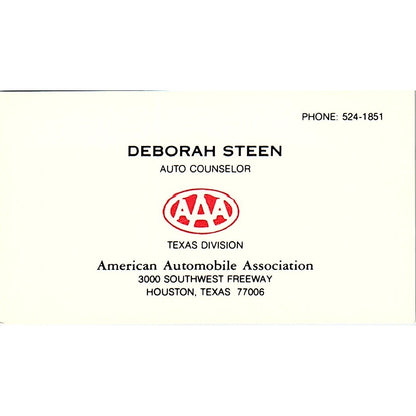 Deborah Steen AAA Auto Counselor Houston Vintage Business Card SE3-B15