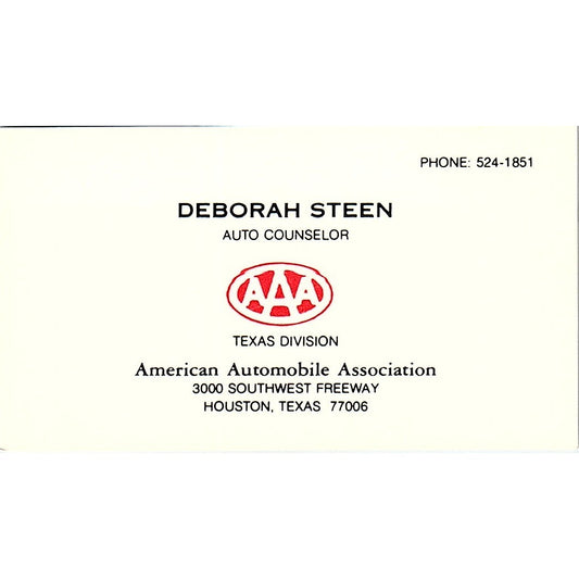 Deborah Steen AAA Auto Counselor Houston Vintage Business Card SE3-B15