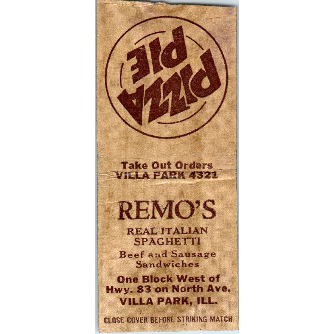 Remo's Italian Restaurant Villa Park IL Vintage Matchbook Cover SD4-Y5