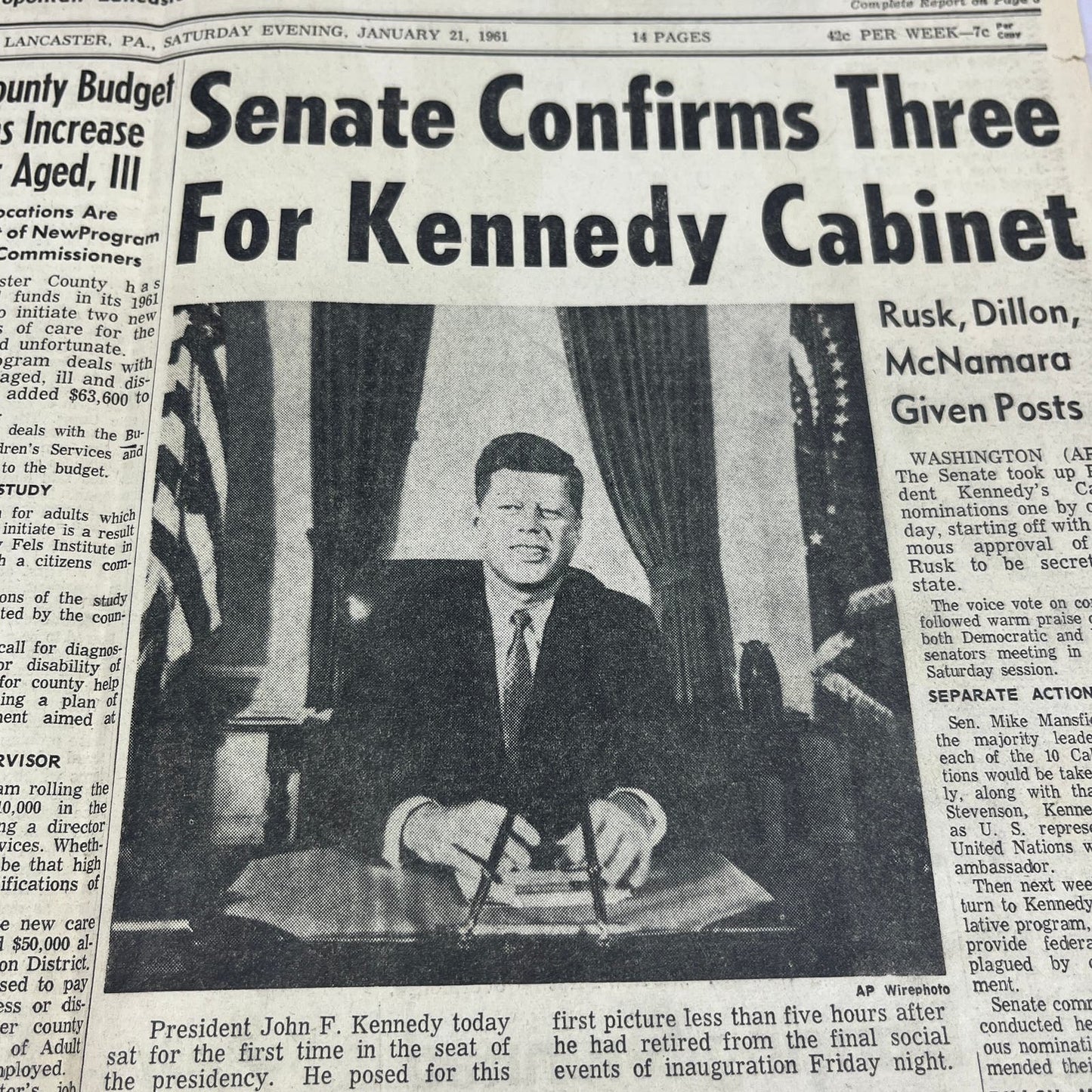 Lancaster News Era Jan 21, 1961 JFK Kennedy First Day in Office Newspaper FL6-7