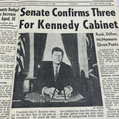 Lancaster News Era Jan 21, 1961 JFK Kennedy First Day in Office Newspaper FL6-7