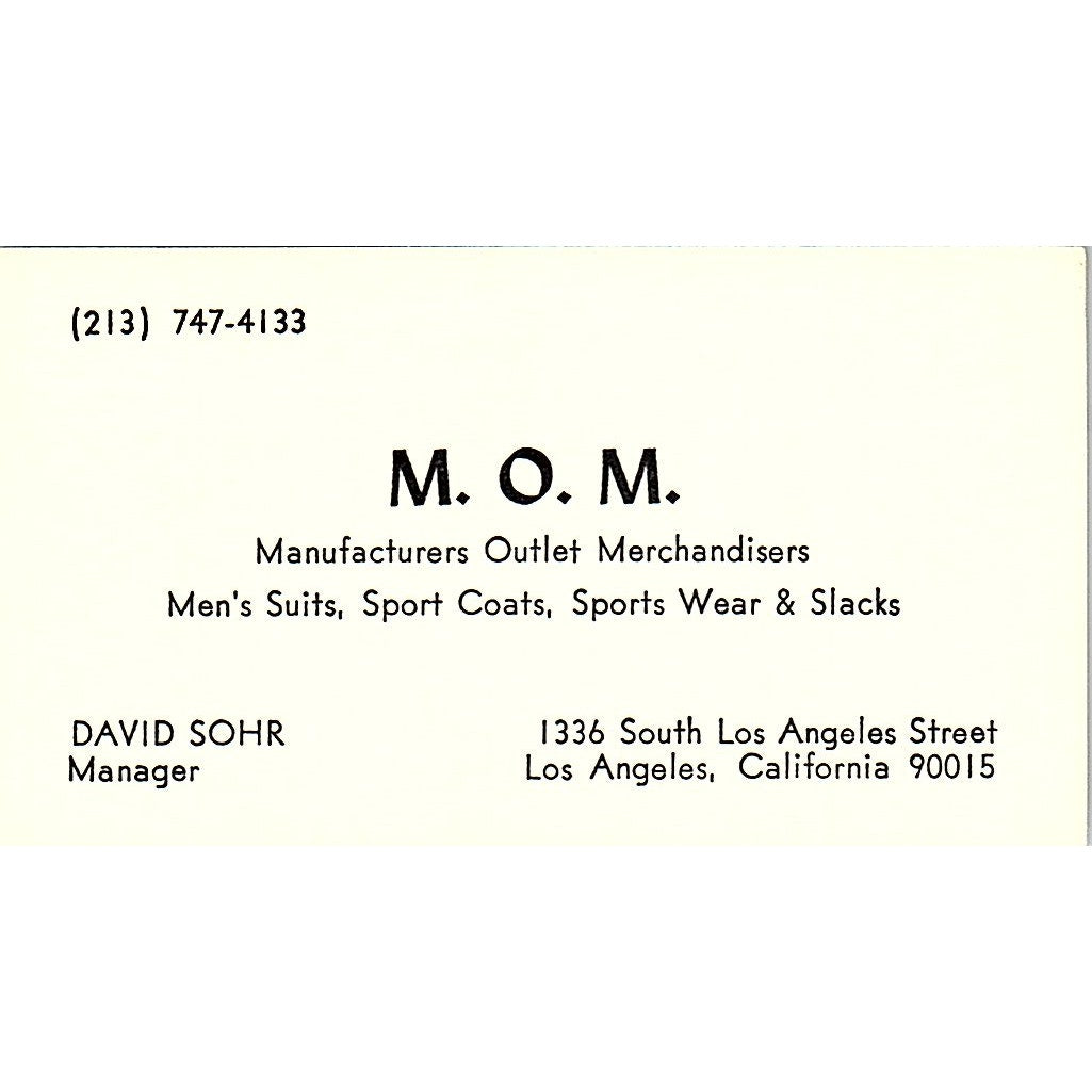 David Sohr Manufacturers Outlet Merchandisers Los Angeles Business Card SD9-B9