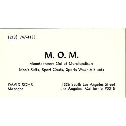 David Sohr Manufacturers Outlet Merchandisers Los Angeles Business Card SD9-B9