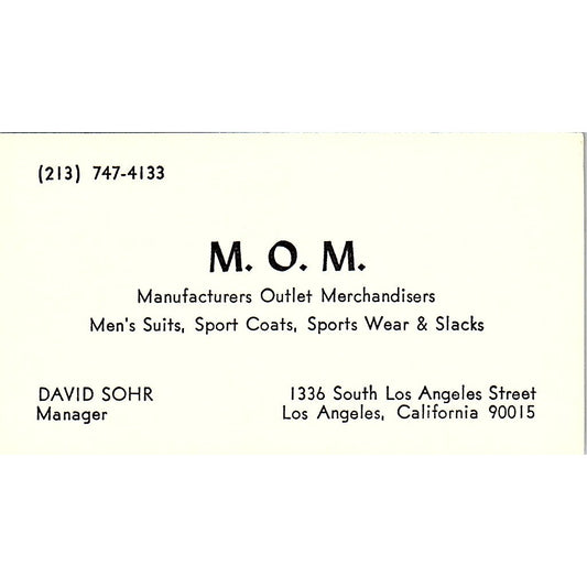 David Sohr Manufacturers Outlet Merchandisers Los Angeles Business Card SD9-B9