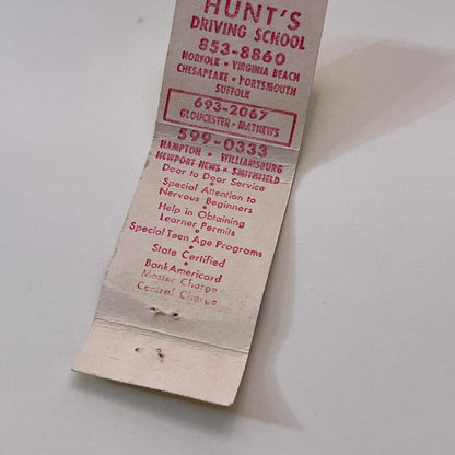 Hunt's Driving School Peninsula Tidewater Vintage Matchbook Cover TB6-MB1-10