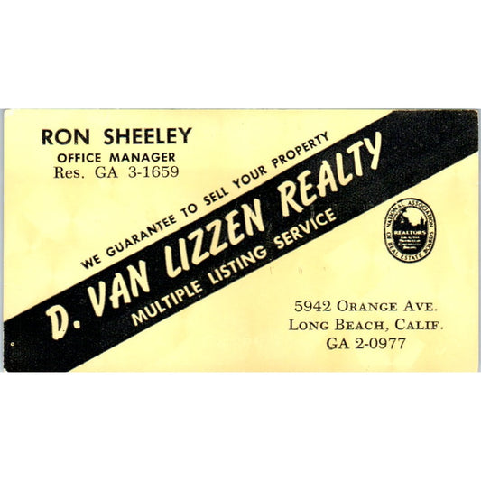 Ron Sheeley D. Van Lizzen Realty Long Beach CA Vintage Business Card SD4-B5