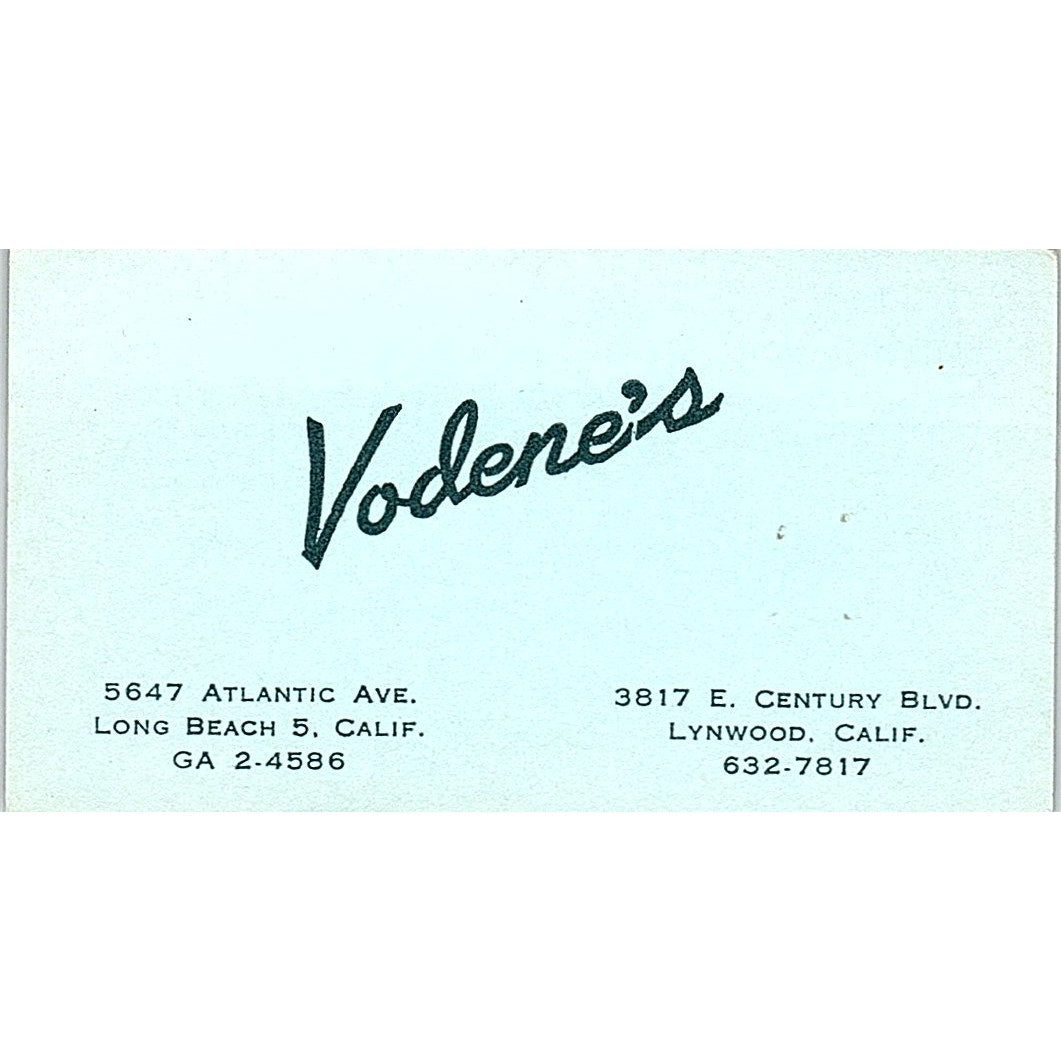 Vodene's Long Beach, Lynwood CA Vintage Business Card SE5-B4