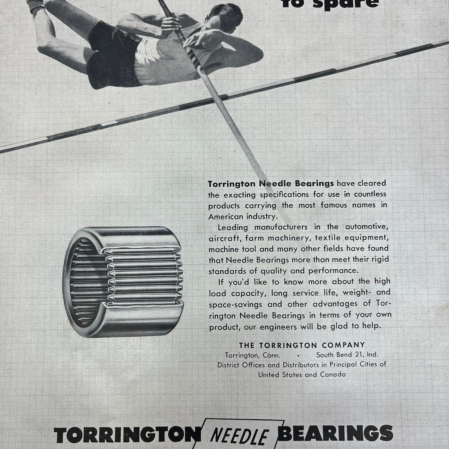 Torrington Needle Bearings Torrington CT Pole Vaulting 1951 Magazine Ad FL6-10