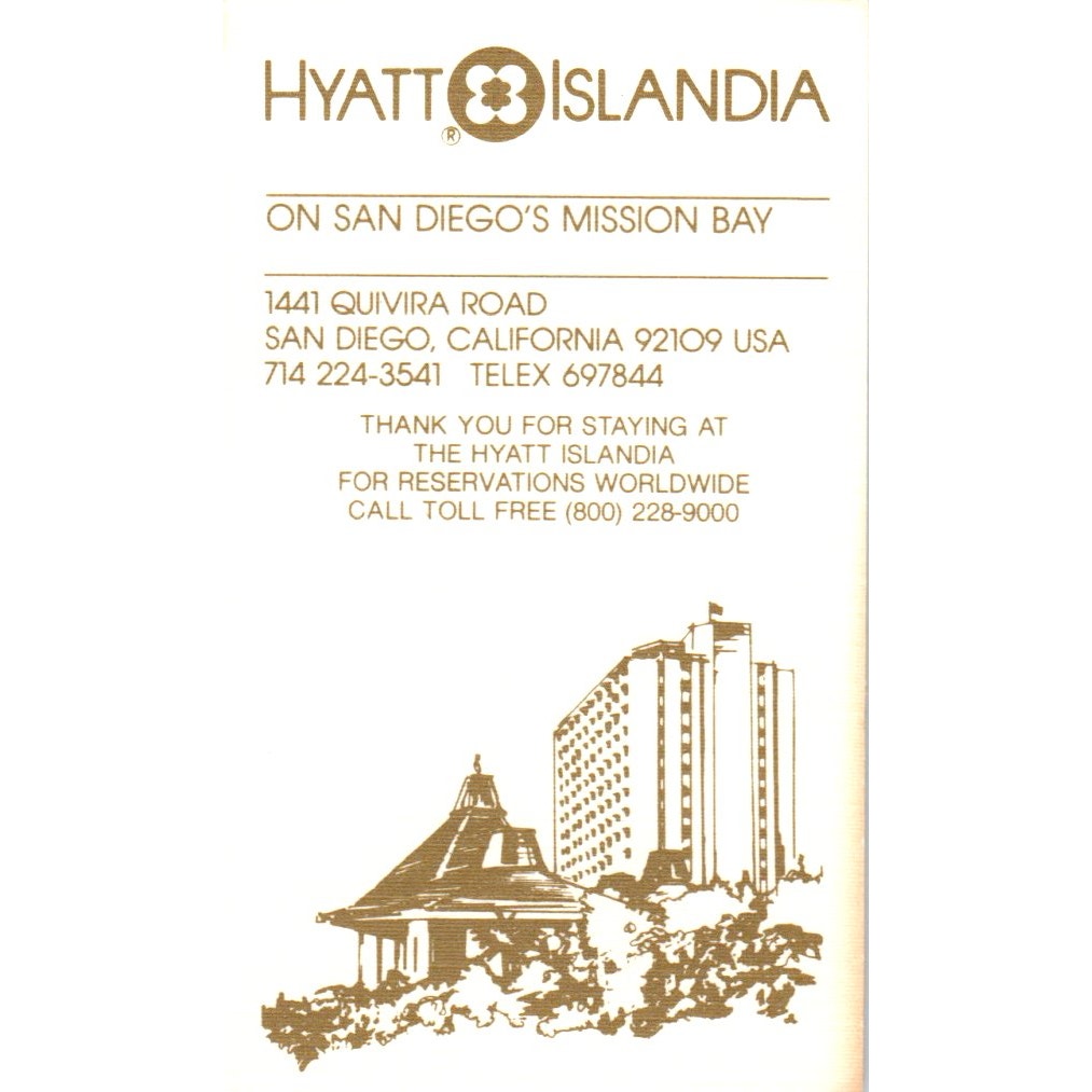 Hyatt Islandia San Diego CA Vintage Business Card SE3-B1
