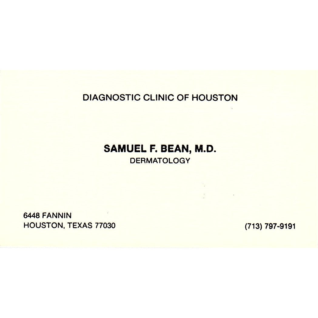 Samuel F Bean Dermatology Houston Texas Vintage Business Card SB4-B1
