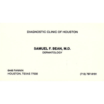 Samuel F Bean Dermatology Houston Texas Vintage Business Card SB4-B1