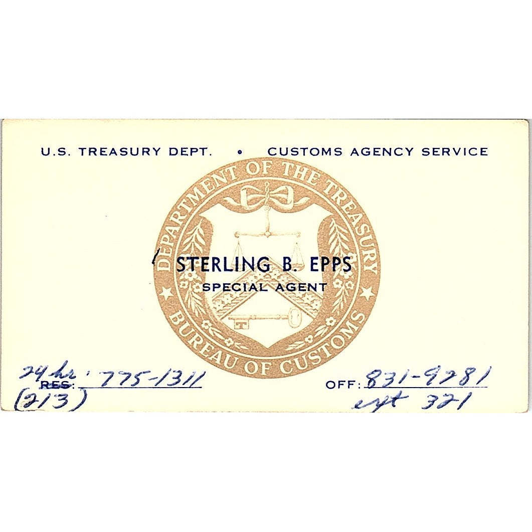 Sterling B Epps Special Agent US Treasury Dept Vintage Business Card SE3-B15