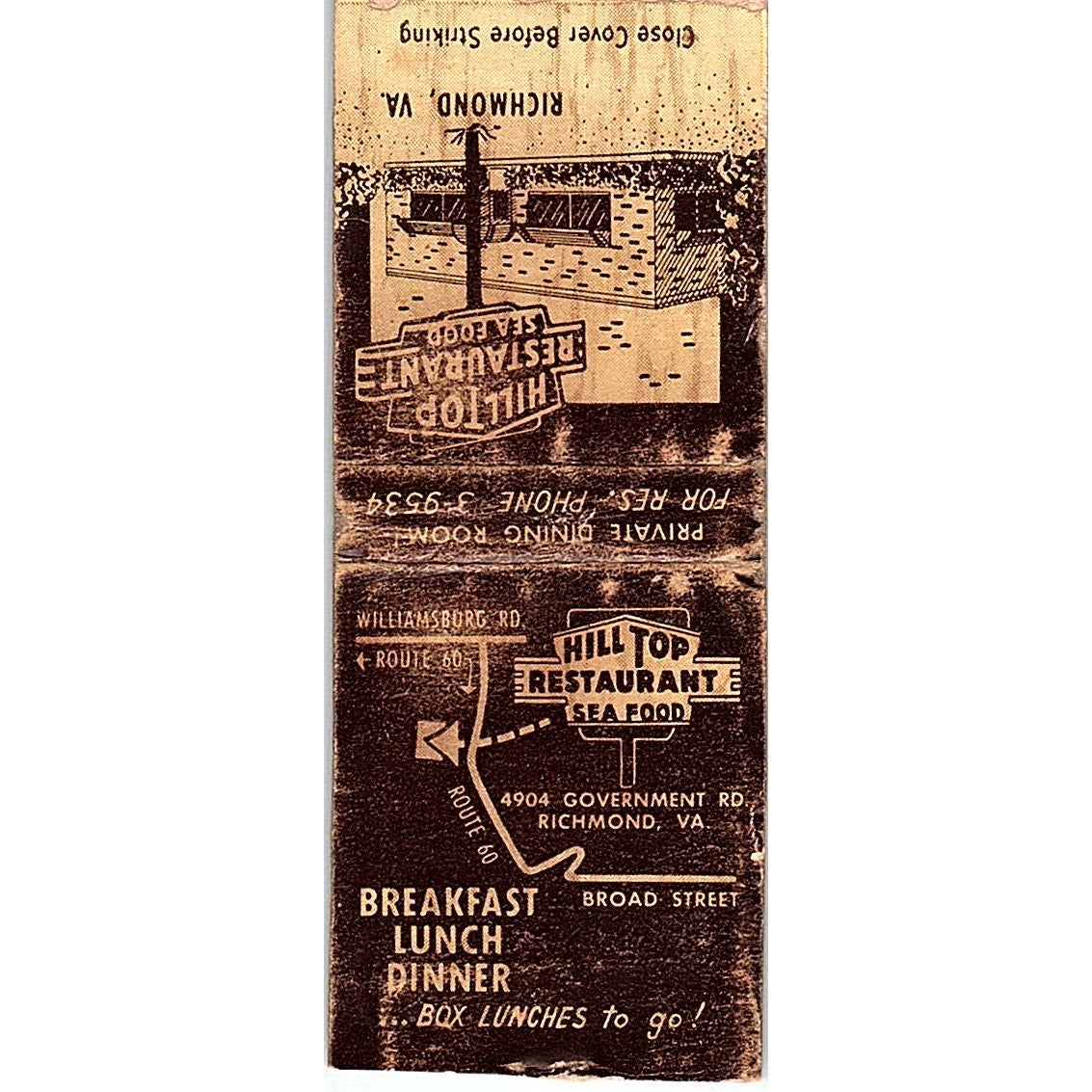 Hilltop Restaurant Richmond VA Vintage Matchbook Cover SC7-Y10