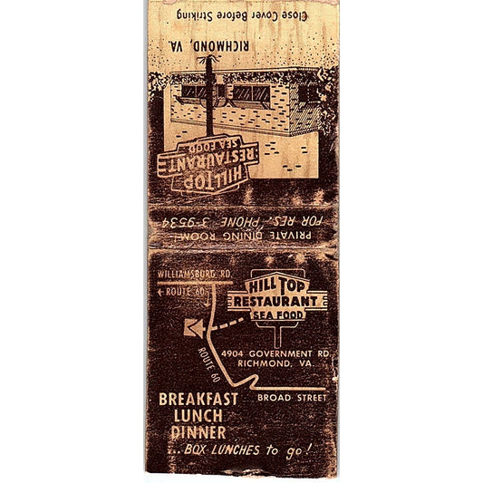 Hilltop Restaurant Richmond VA Vintage Matchbook Cover SC7-Y10