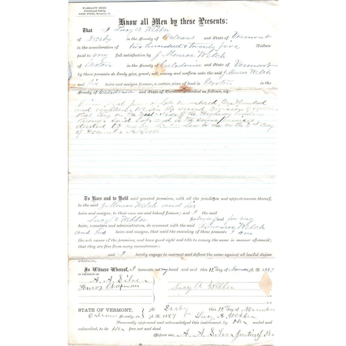1887 Warranty Deed Lucy A. Webber to James M. Welch Groton VT AF7-E7