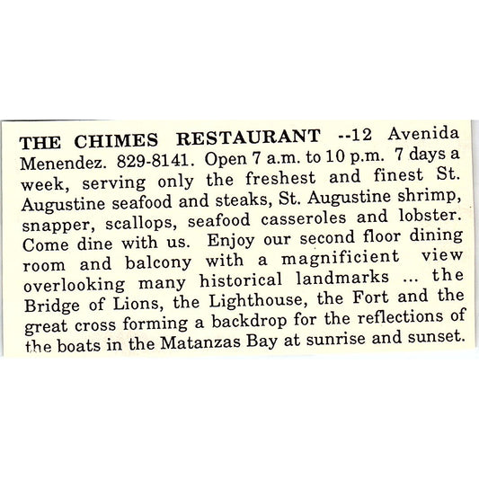 The Chimes Restaurant 12 Avenida Menendez St. Augustine FL 1989 Ad AF9-M1
