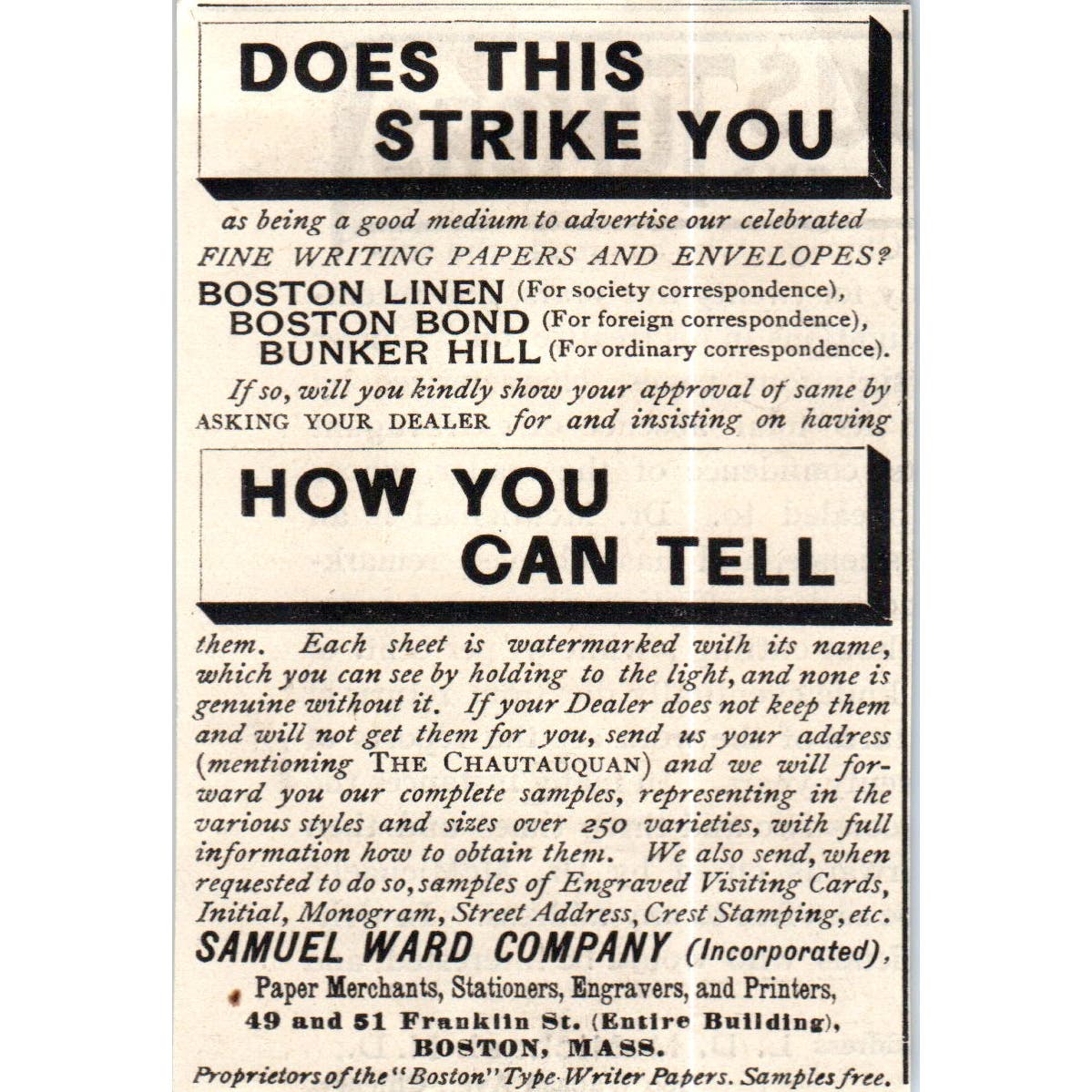 Does This Strike You Samuel Ward Company Paper Boston c1890 Victorian Ad AE8-CH6
