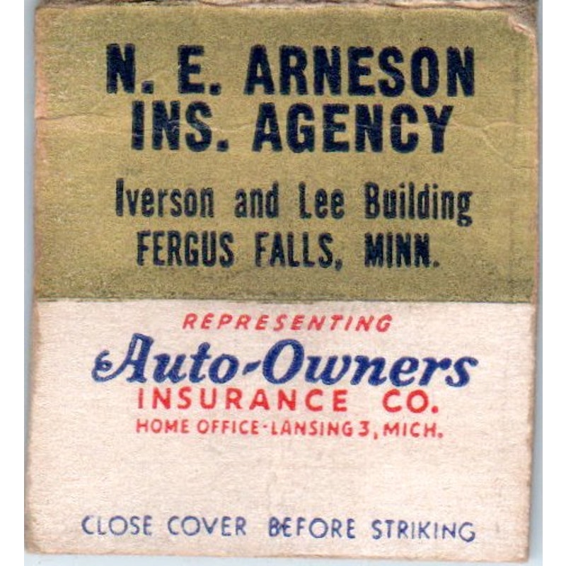 N.E. Arneson Ins Agency Fergus Falls MN Vintage Matchbook Cover SF4-Y8