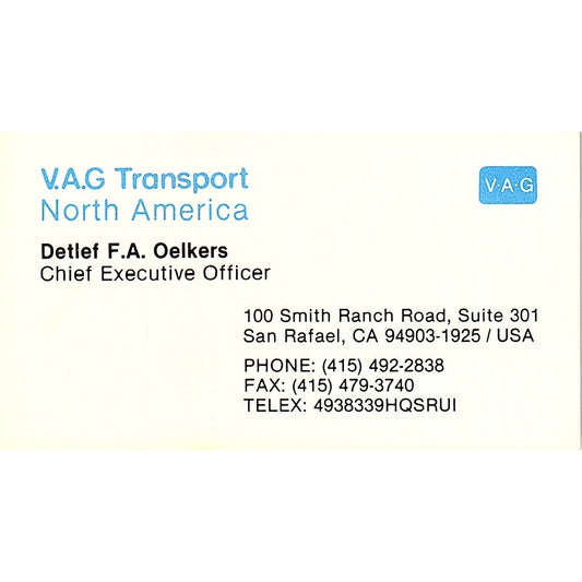 Detlef F.A. Oelkers VAG Transport San Rafael CA Vintage Business Card SD9-B10