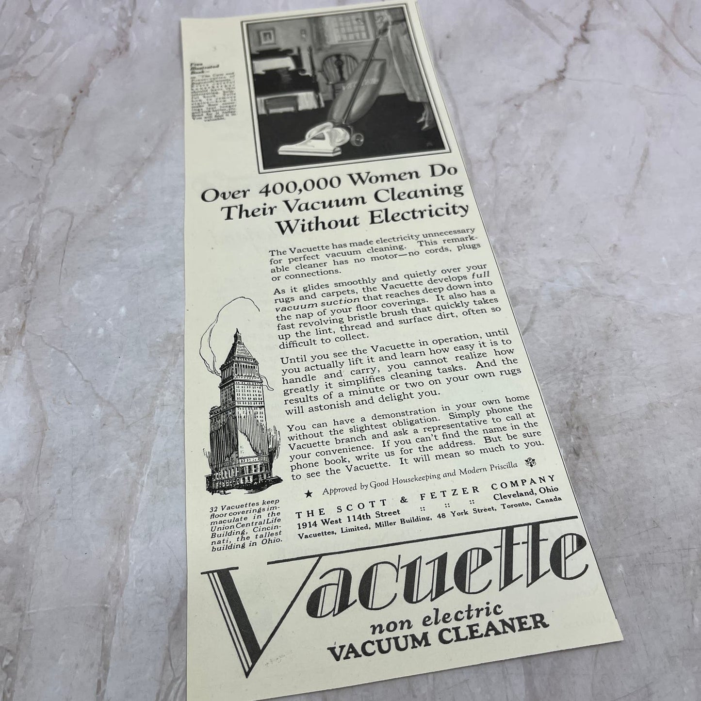 Vacuette Non-Electric Vacuum Cleaner Cleveland OH 1924 Magazine Ad FL6-11