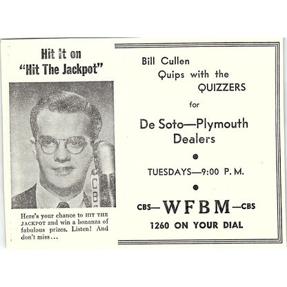 Bill Cullen WFBM CBS Radio Indianapolis IN 1947 Ad AF6-21