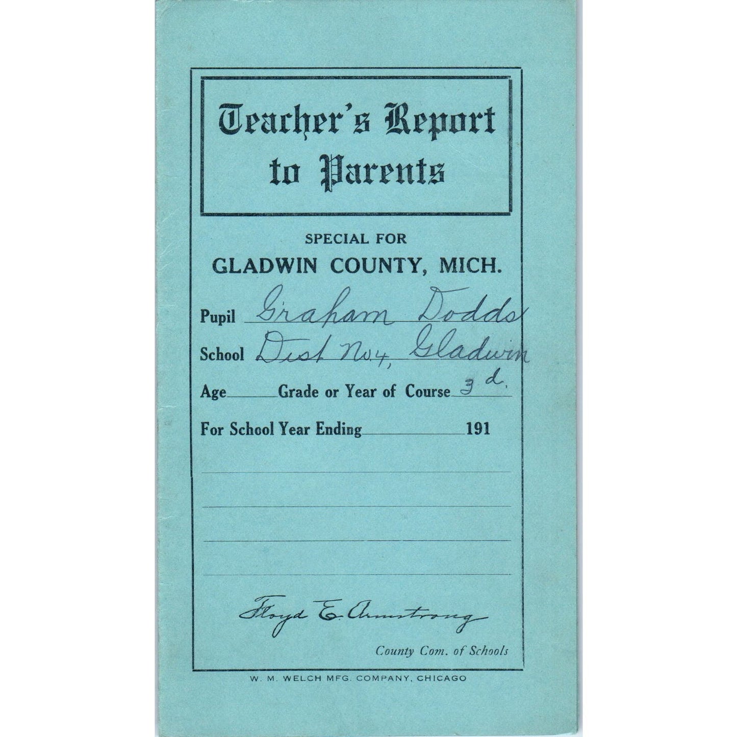 1912 Gladwin County Michigan School Dist No. 4 Report Card Graham Dodds AE6