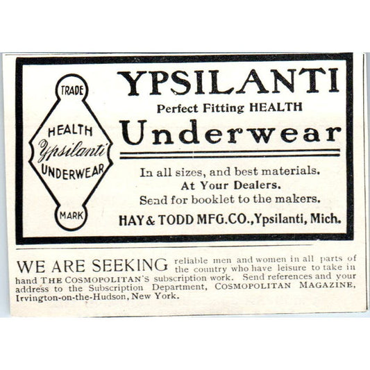 Ypsilanti Underwear Hay & Todd Mfg Co MI c1905 Original Advertisement AE7-A1
