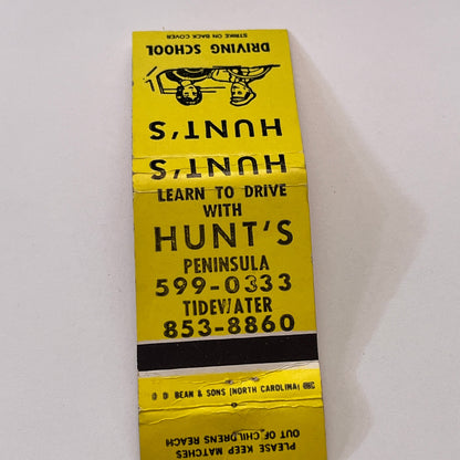 Hunt's Driving School Peninsula Tidewater Vintage Matchbook Cover TB6-MB1-10