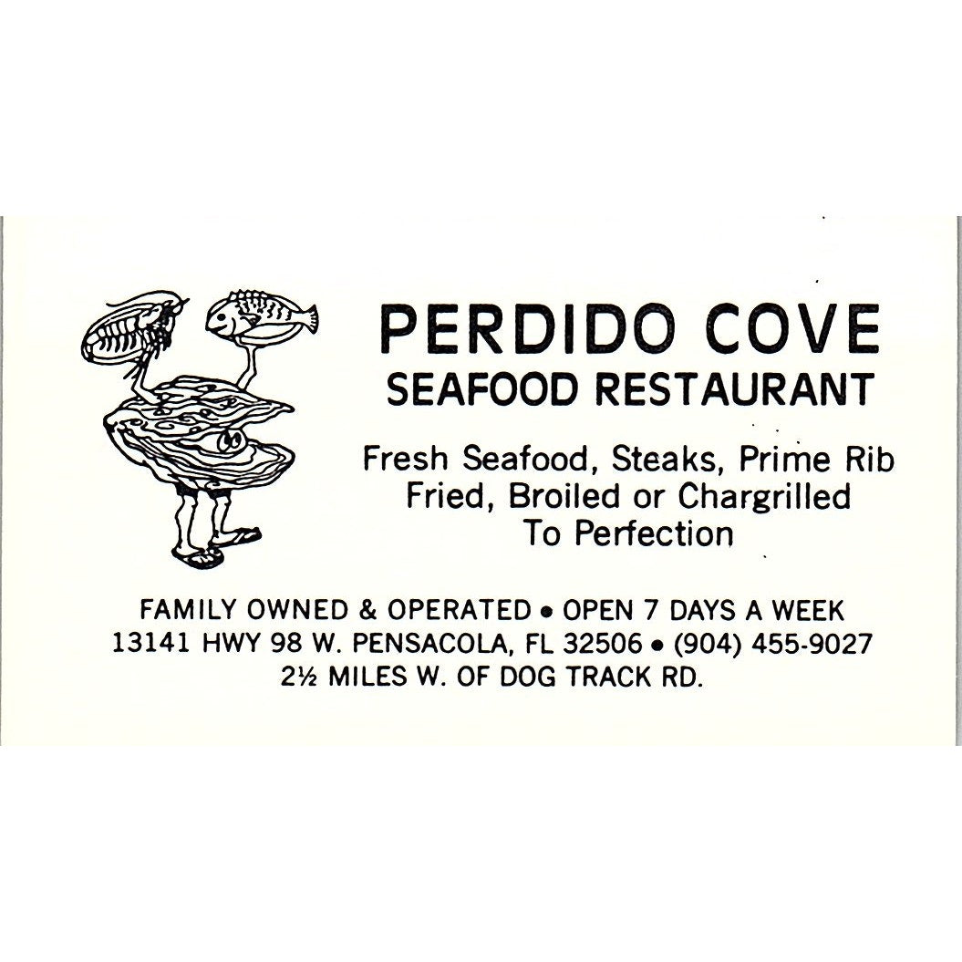 Perdido Cove Seafood Restaurant Pensacola FL Vintage Business Card SD9-B9