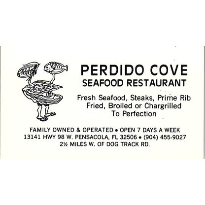 Perdido Cove Seafood Restaurant Pensacola FL Vintage Business Card SD9-B9