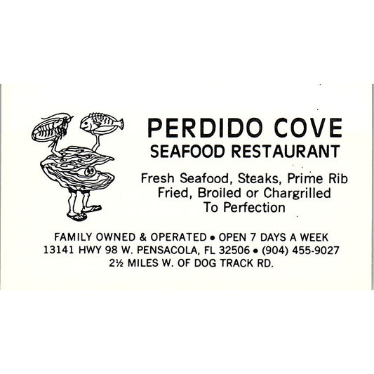 Perdido Cove Seafood Restaurant Pensacola FL Vintage Business Card SD9-B9