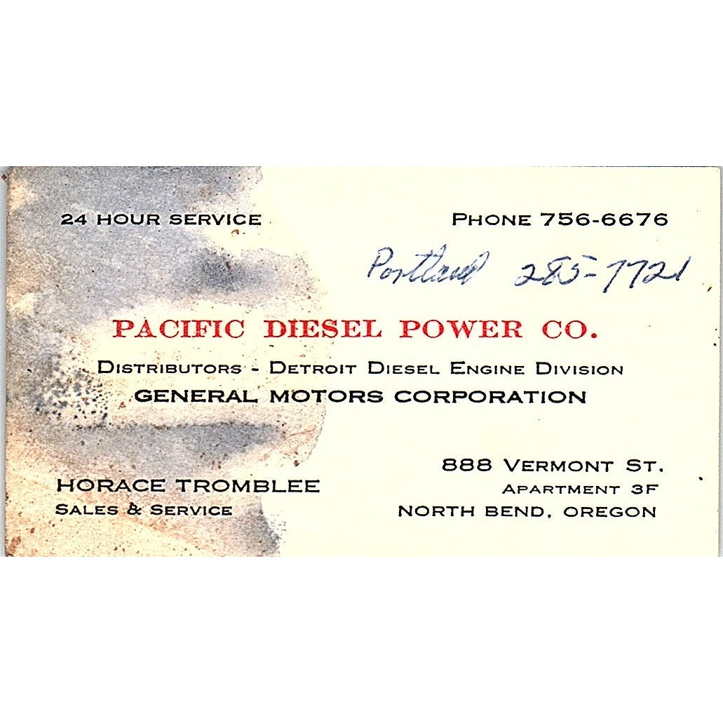 Pacific Diesel Power Co. Horace Tromblee North Bend Oregon Business Card SB4-B6