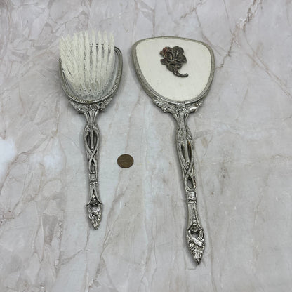 1950s Vanity Set Brush Comb Mirror Chrome Silver Toned Ornate Roses TF5