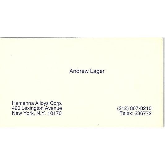 Andrew Lager Hamanna Alloys Corp NY Vintage Business Card SC9-B4