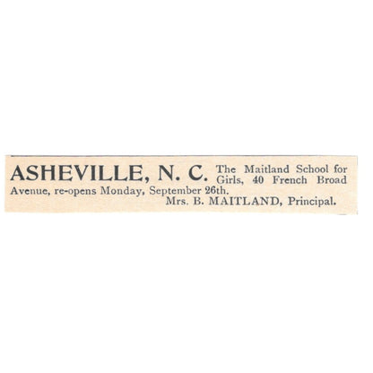 Maitland School for Girls Asheville NC B. Maitland 1892 Magazine Ad AK6-S5
