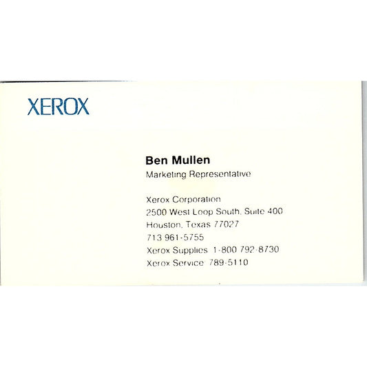 Xerox Corporation Ban Mullen Houston Texas Vintage Business Card SB4-B10