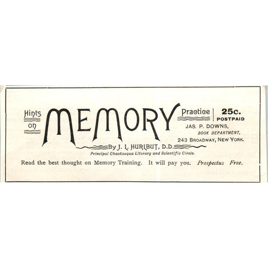 Hints on Memory Practice J.L. Hurlbut NY c1890 Victorian ad AE8-CH3