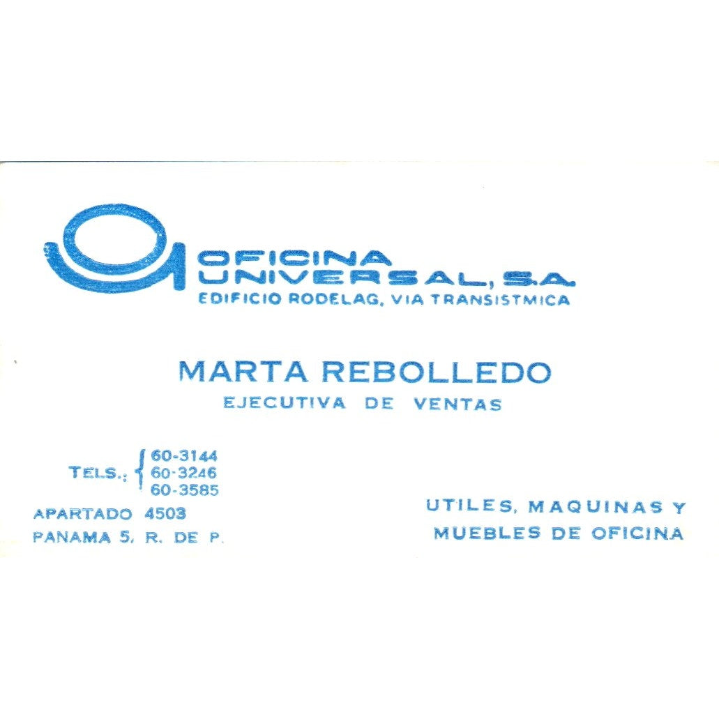 Oficina Universal, SA Marta Rebolledo Panama Vintage Business Card SD8-B15