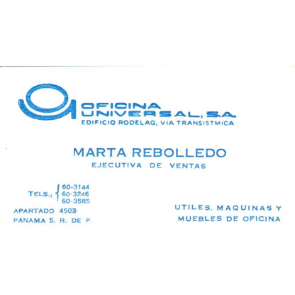 Oficina Universal, SA Marta Rebolledo Panama Vintage Business Card SD8-B15