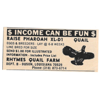 Rhymes Quail Farm Dunson Louisiana 1977 Ad AF6-S4