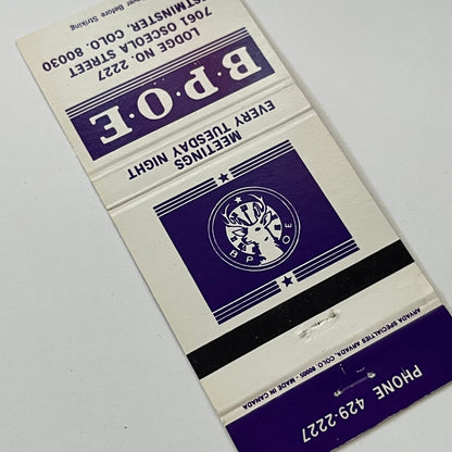 BPOE Lodge 2227 Westminster CO Vintage Matchbook Cover TB6-MB1-14