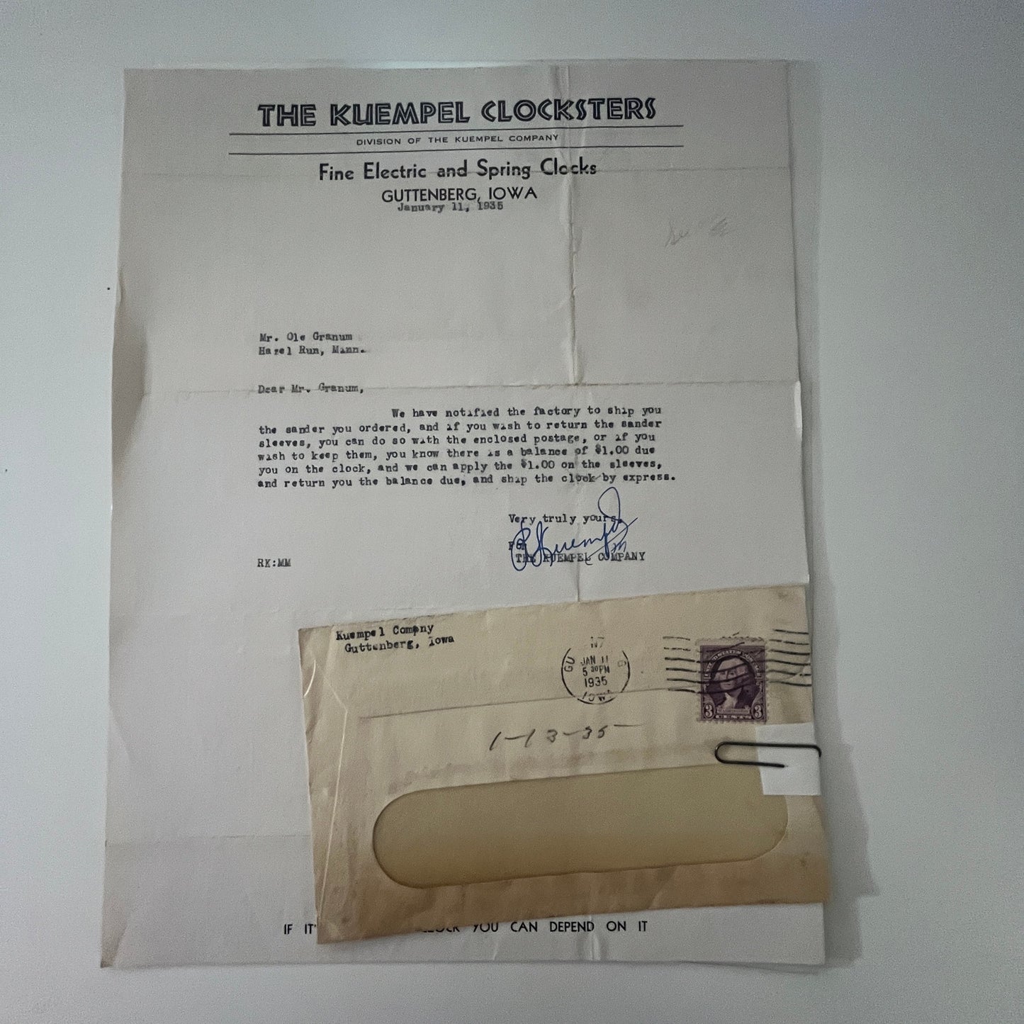 The Kuempel Clocksters Clocks Guttenberg IA Letterhead & Envelope K22