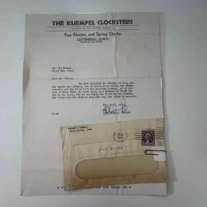 The Kuempel Clocksters Clocks Guttenberg IA Letterhead & Envelope K22