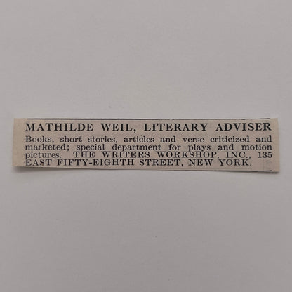 Mathilde Weil Literary Adviser The Writers Workshop Inc NY 1926 Ad AG3-S8