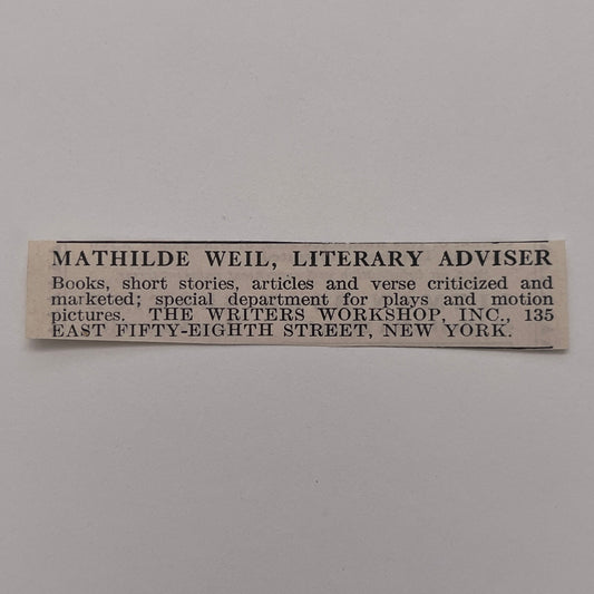 Mathilde Weil Literary Adviser The Writers Workshop Inc NY 1926 Ad AG3-S8
