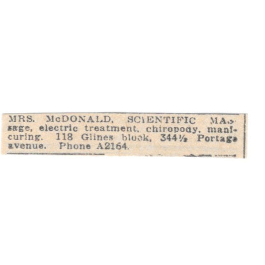 Mrs McDonald Scientific Massage Portage Ave Winnipeg 1920 Ad AG2-S4
