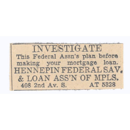 Hennepin Federal Savings & Loan of Minneapolis 1935 News Advertisement AE7-H3