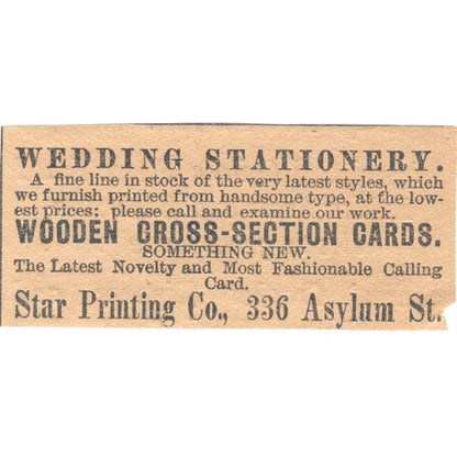 Star Printing Co Wedding Stationary Asylum St Hartford 1886 Newspaper Ad AF7-SS7